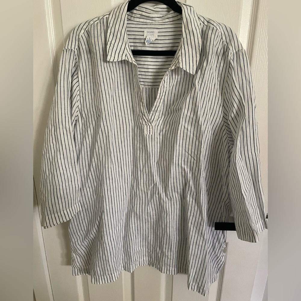 Sigrid Olsen 2X 100% linen popover tunic johnny collar lightweight striped